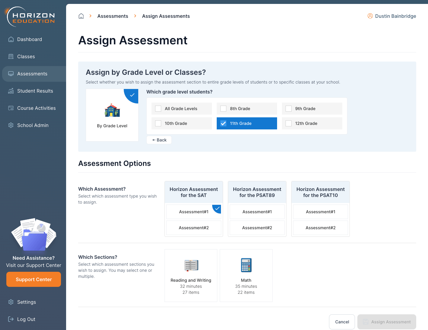 Horizon Education Assign Assessment flow for grade level and assessment sections