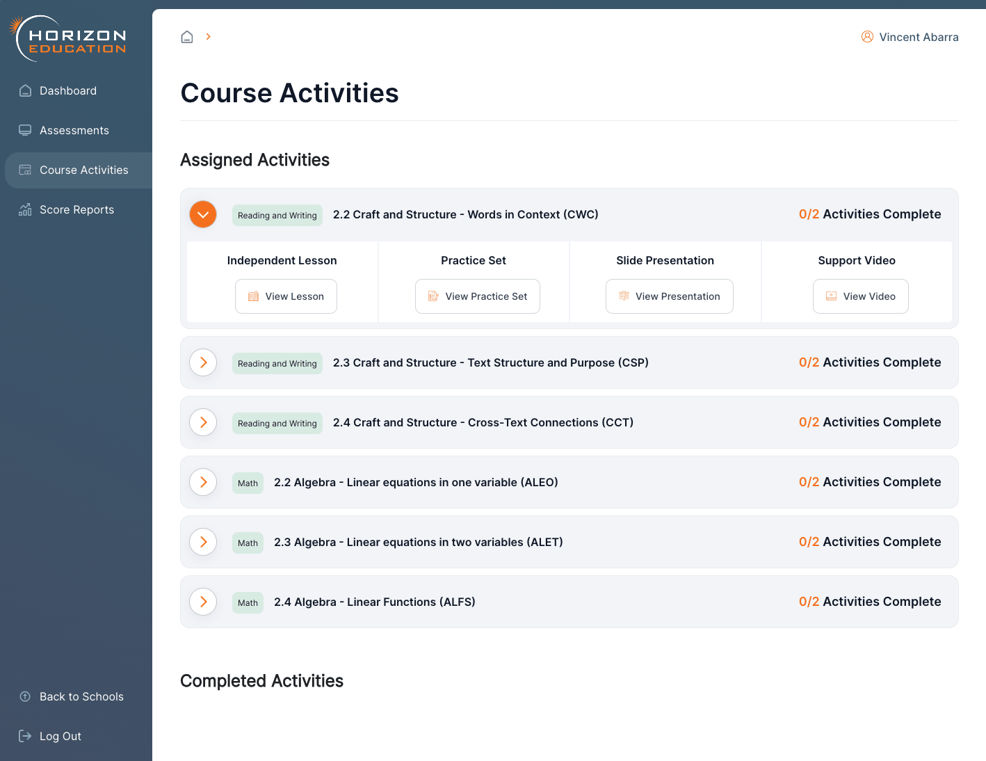 Horizon Education Course Activities with assigned modules and lesson resources