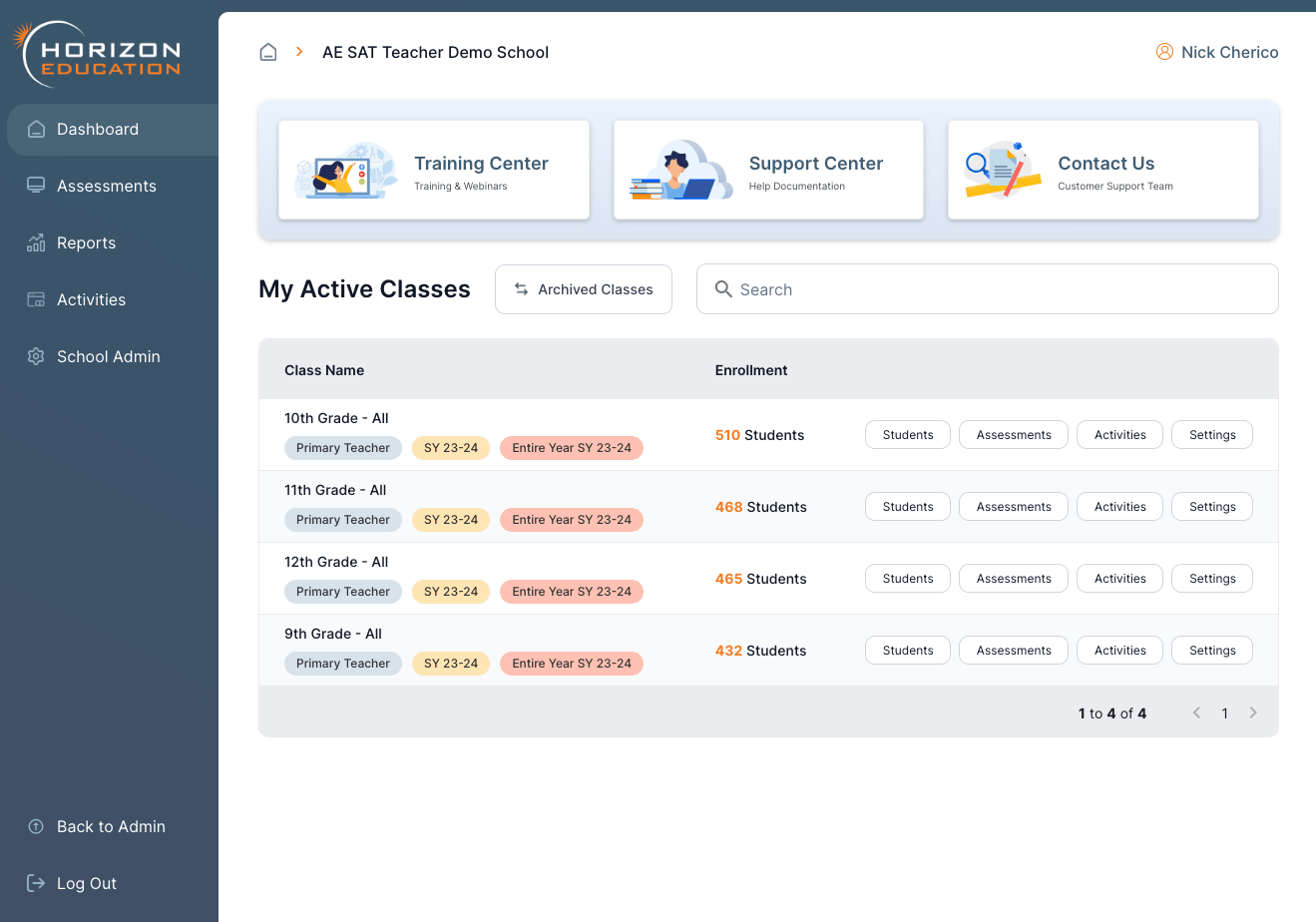 Horizon Education K-12 assessment platform, teacher dashboard in a browser window.