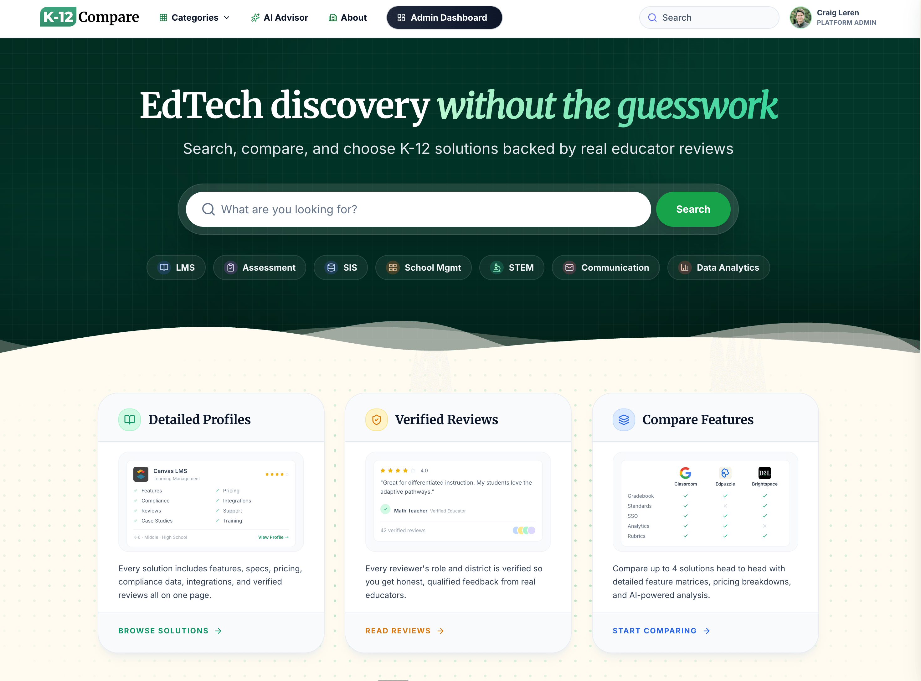 K-12 Compare EdTech research platform homepage in a browser window.