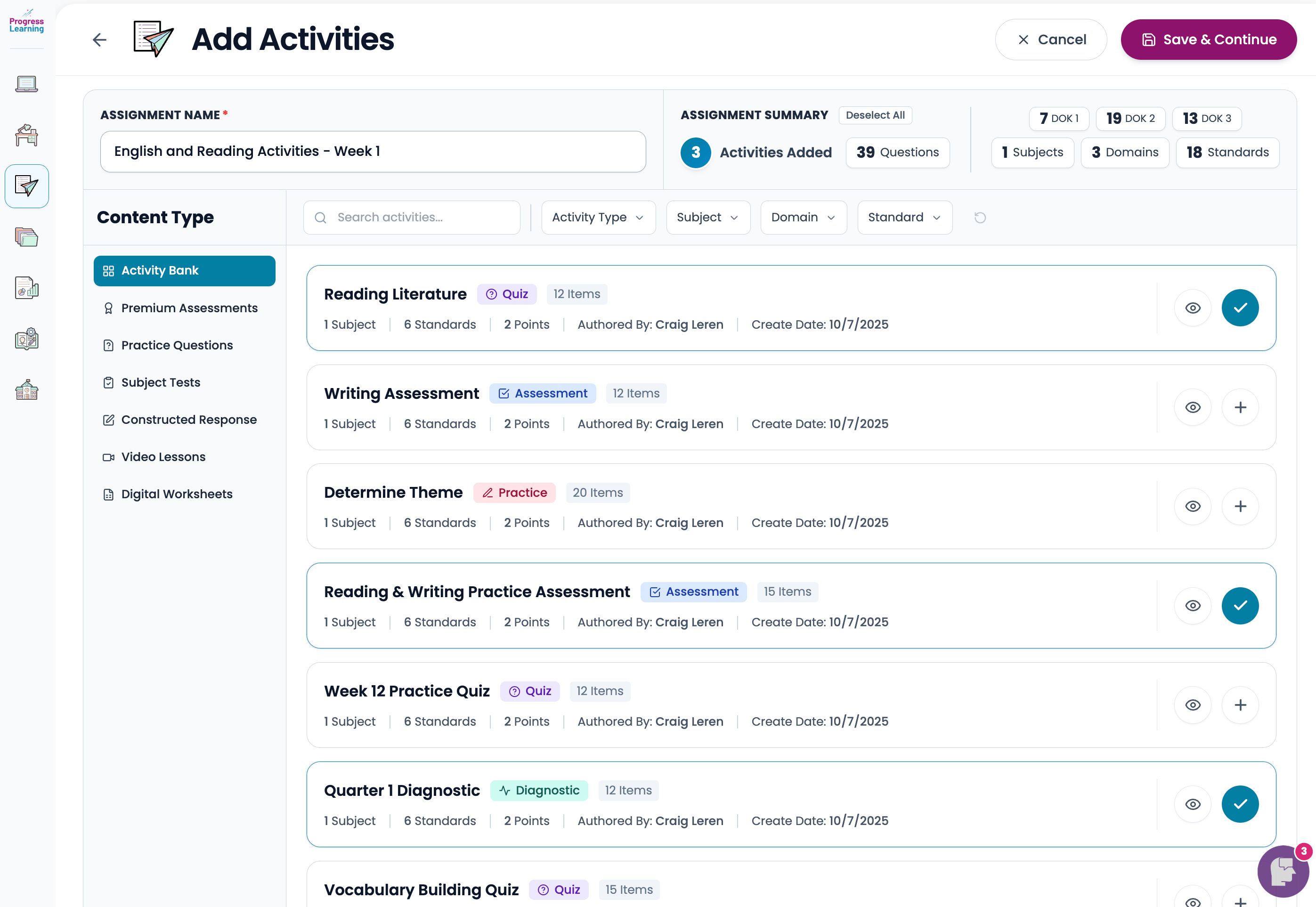 Progress Learning Add Activities: activity bank, filters, and selected quizzes