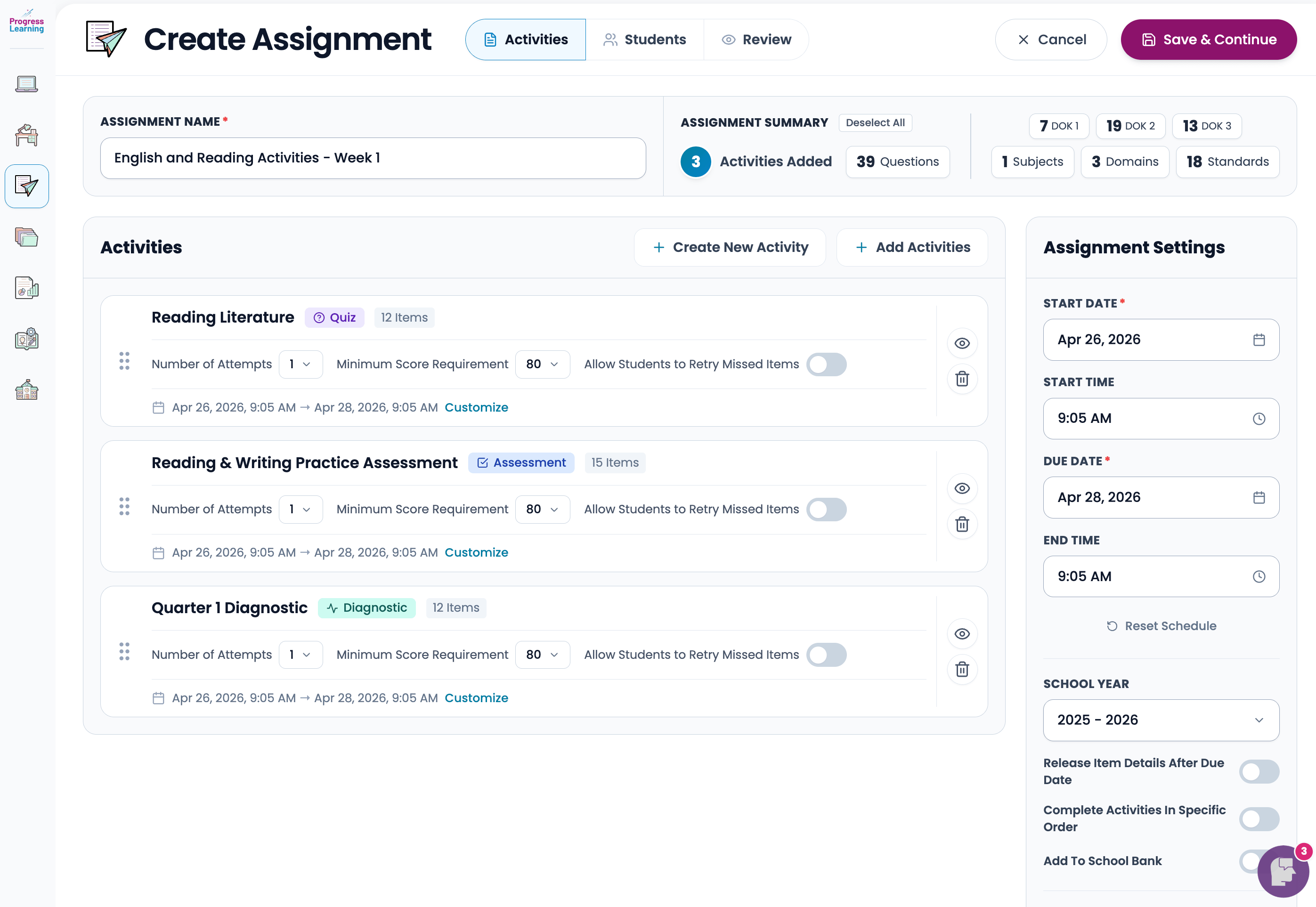 Progress Learning Create Assignment: activities tab with cards and assignment settings