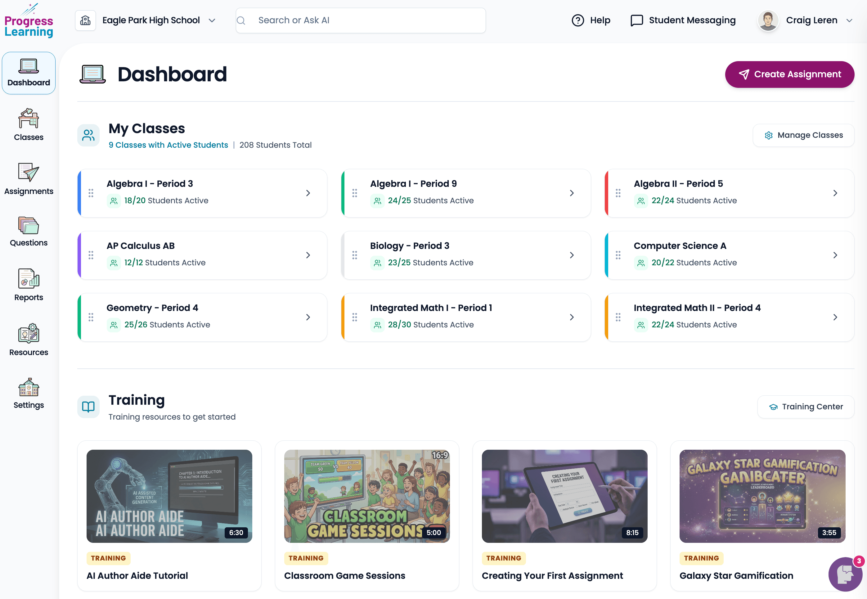 Progress Learning teacher dashboard: class grid, training resources, and navigation.